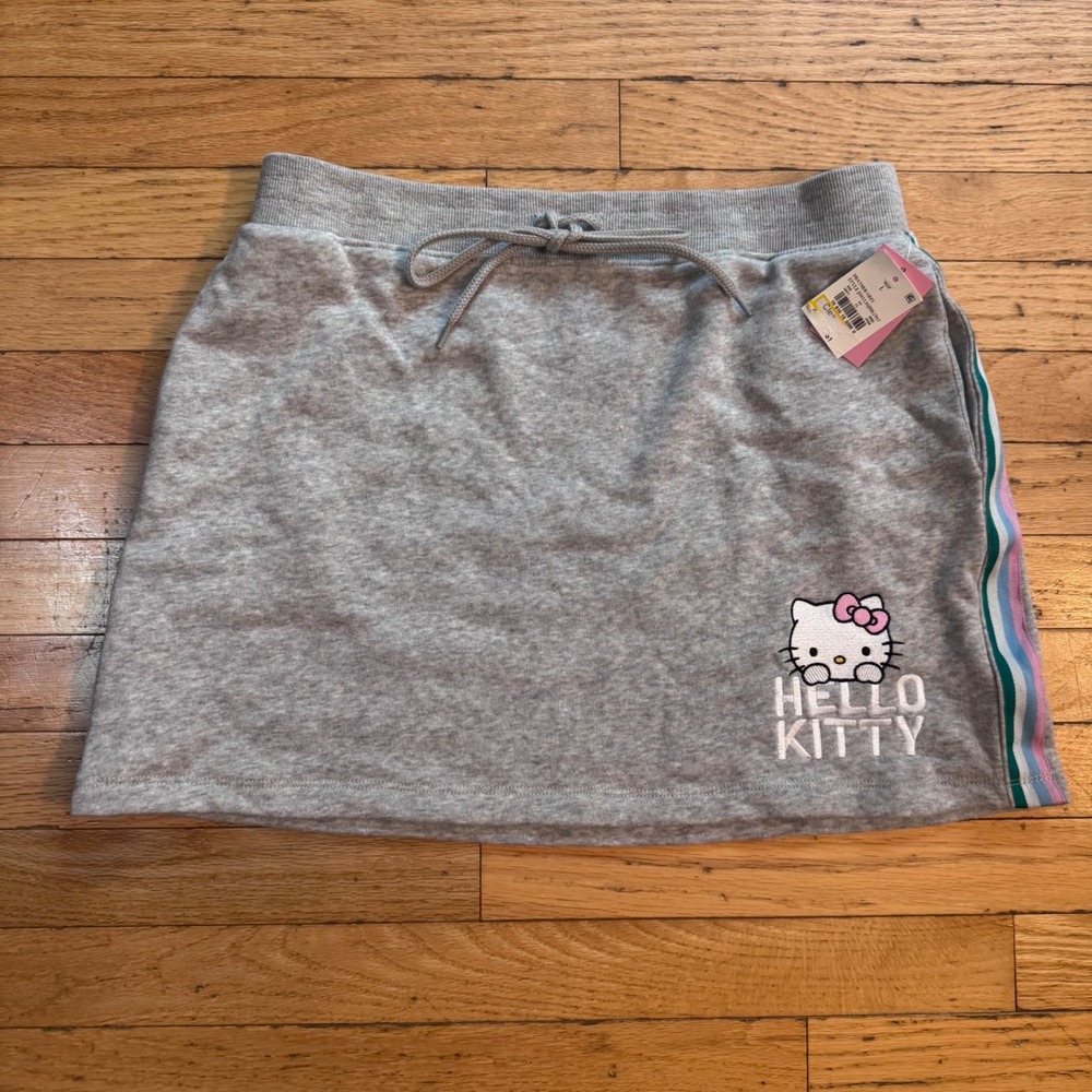 Hello Kitty Sanrio Gray Fleece Mini Skirt Embroidered Striped Side Large NEW